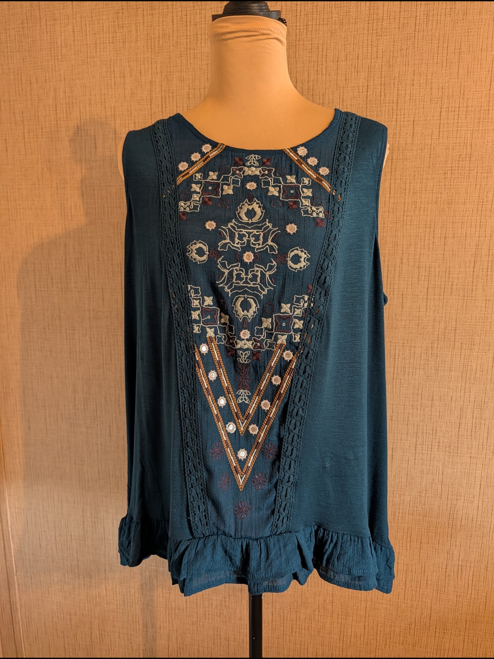 Knox Rose Teal Embroidered Ruffle-Hem Sleeveless Tank